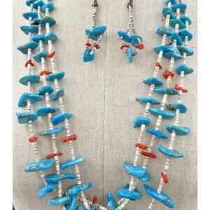 Vintage Navajo Necklace Earrings SET Turquoise Coral Nuggets & Shells 3 Strands